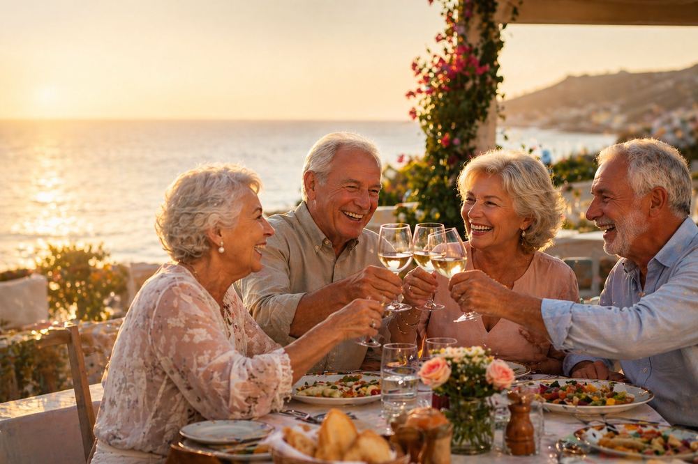Happy retired couple abroad enjoying life in the sun